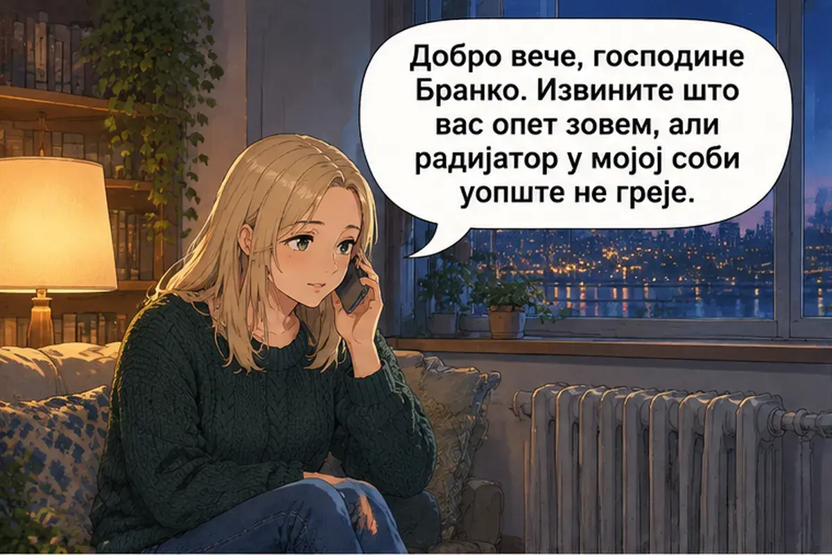 Кадр 1 из 13 к тексту «Я звонила вам и вчера»: «Добрый вечер, господин Бранко. Извините, что опять вам звоню, но батарея в моей комнате совсем не греет.»