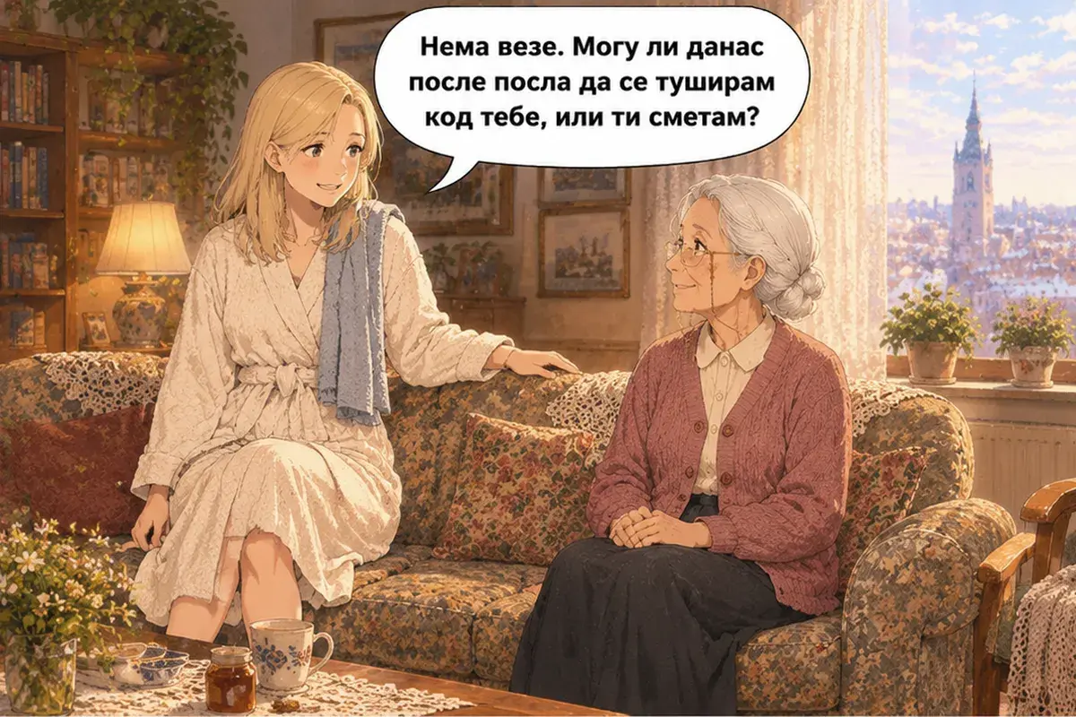 Кадр 13 из 15 к тексту «Никто не отвечает»: «Ничего страшного. Можно мне сегодня после работы принять душ у тебя, или я тебе мешаю?»