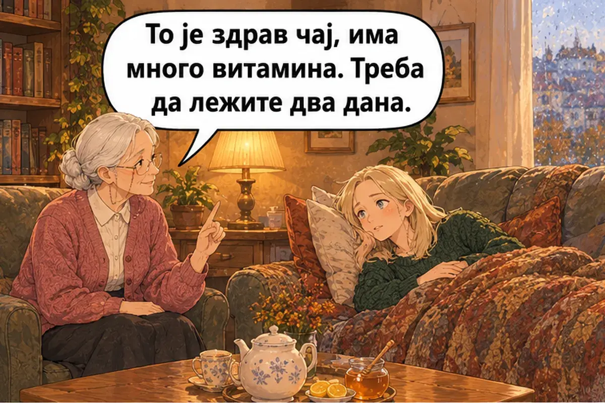 Кадр 5 из 13 к тексту «Спокойно, не волнуйтесь»: «Это полезный чай, в нём много витаминов. Вам нужно полежать два дня.»