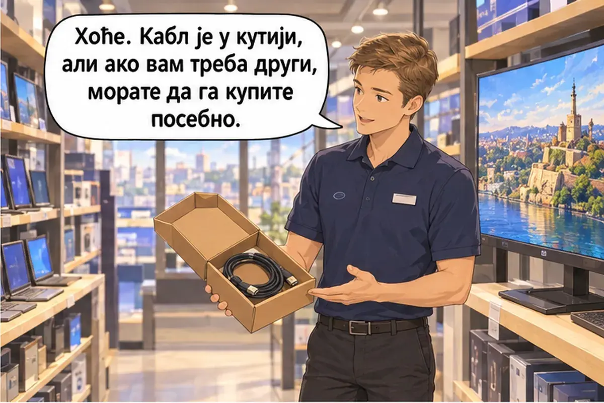 Кадр 10 из 15 к тексту «Этот монитор больше, но и дороже»: «Будет. Кабель в коробке, но если вам нужен другой, придётся купить его отдельно.»