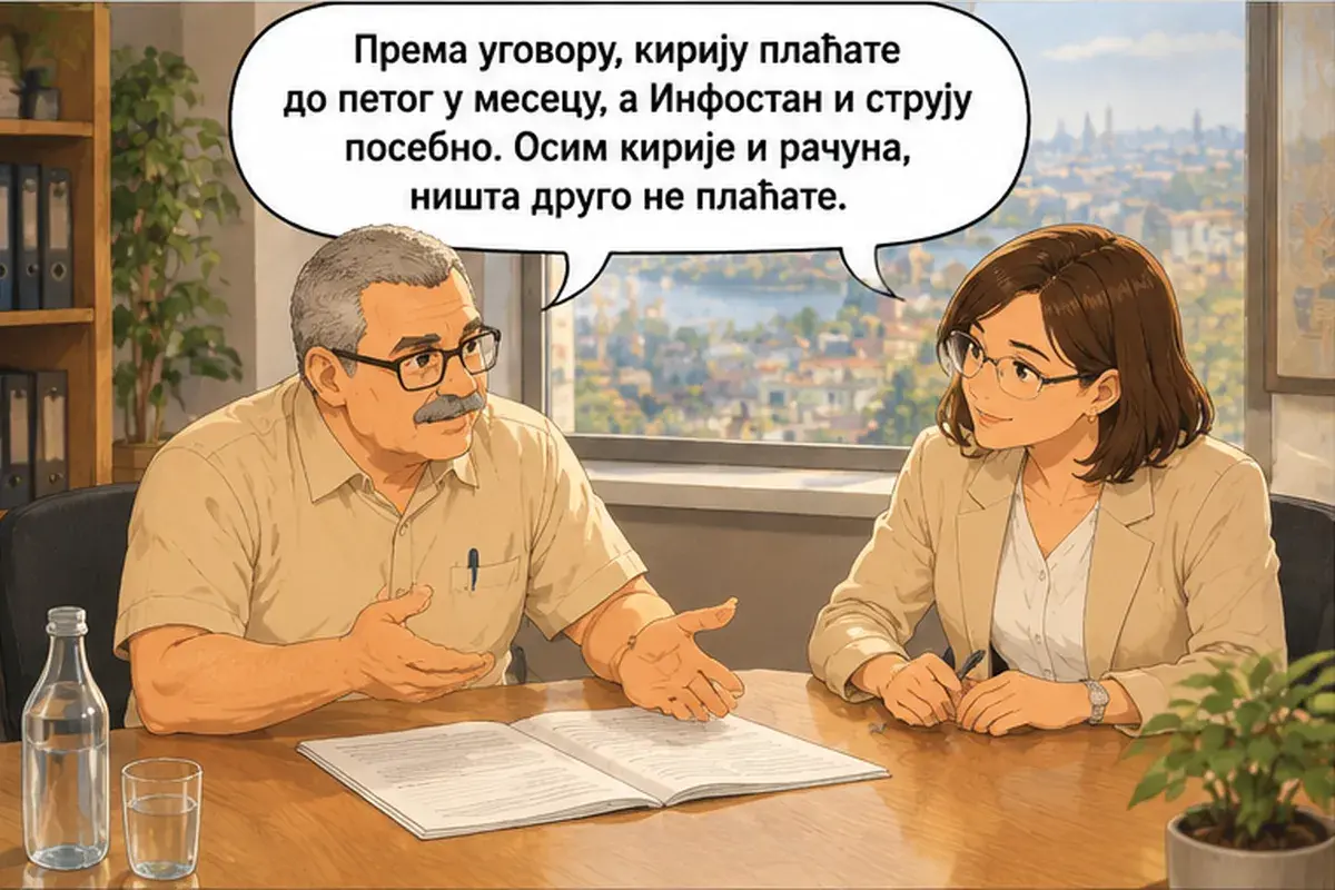 Кадр 7 из 14 к тексту «Будем читать договор пункт за пунктом»: «По договору аренду вы платите до пятого числа каждого месяца, а Инфостан и электричество отдельно. Кроме аренды и счетов, больше вы ничего не платите.»
