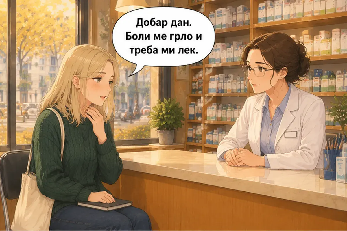 Кадр 2 из 16 к тексту «У меня болит горло»: «Добрый день. У меня болит горло, и мне нужно лекарство.»