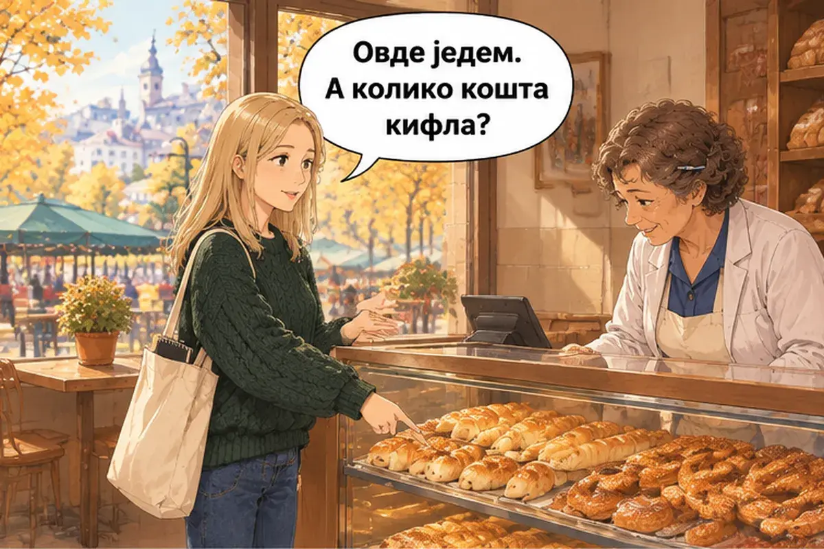 Кадр 6 из 14 к тексту «Здесь или с собой?»: «Поем здесь. А сколько стоит кифла?»