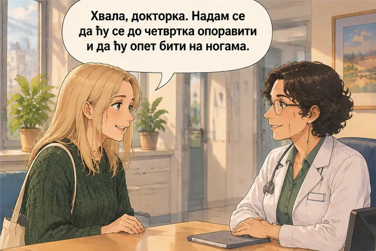 Кадр 16 из 16 к тексту «Скажите, кто ваш выбранный врач»: «Спасибо, доктор. Надеюсь, что к четвергу я поправлюсь и снова буду на ногах.»
