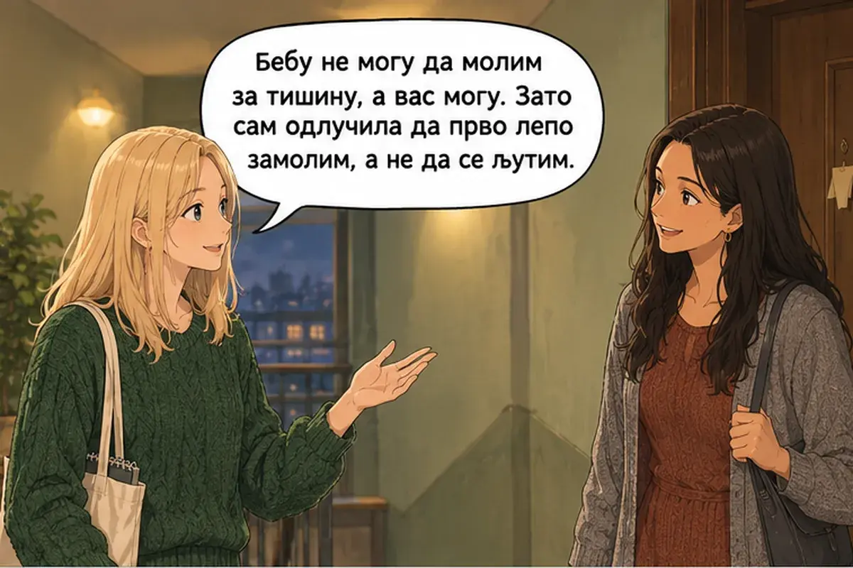 Кадр 6 из 12 к тексту «Дом хороший, только через стены всё слышно»: «Малыша я не могу просить о тишине, а вас могу. Поэтому я решила сначала вежливо попросить, а не сердиться.»