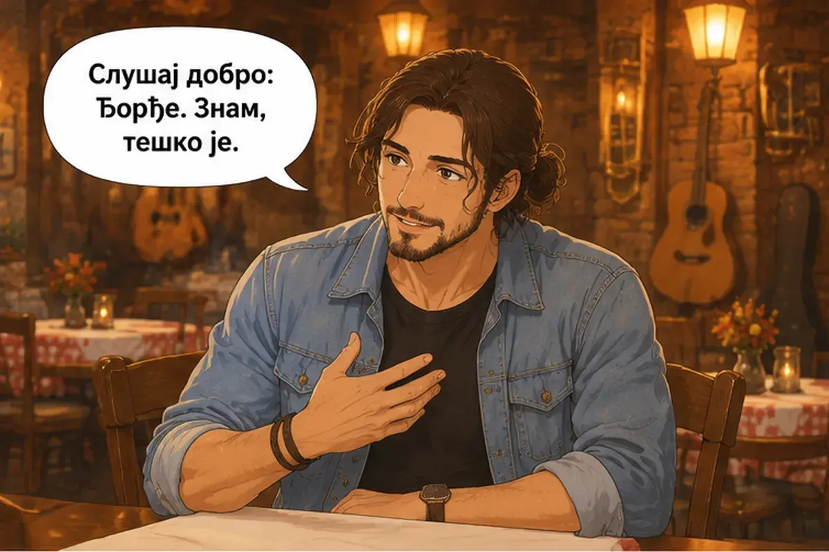 Кадр 10 из 14 к тексту «Что желаете заказать?»: «Слушай внимательно: Джордже. Знаю, трудно.»