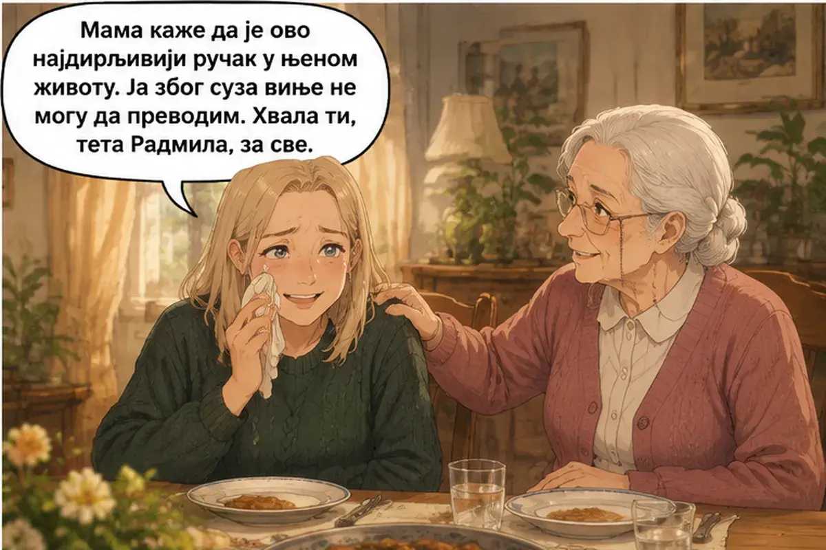 Кадр 12 из 13 к тексту «Скажи маме, что у неё дочь с добрым сердцем»: «Мама говорит, что это самый трогательный обед в её жизни. Я из-за слёз больше не могу переводить. Спасибо тебе, тётя Радмила, за всё.»