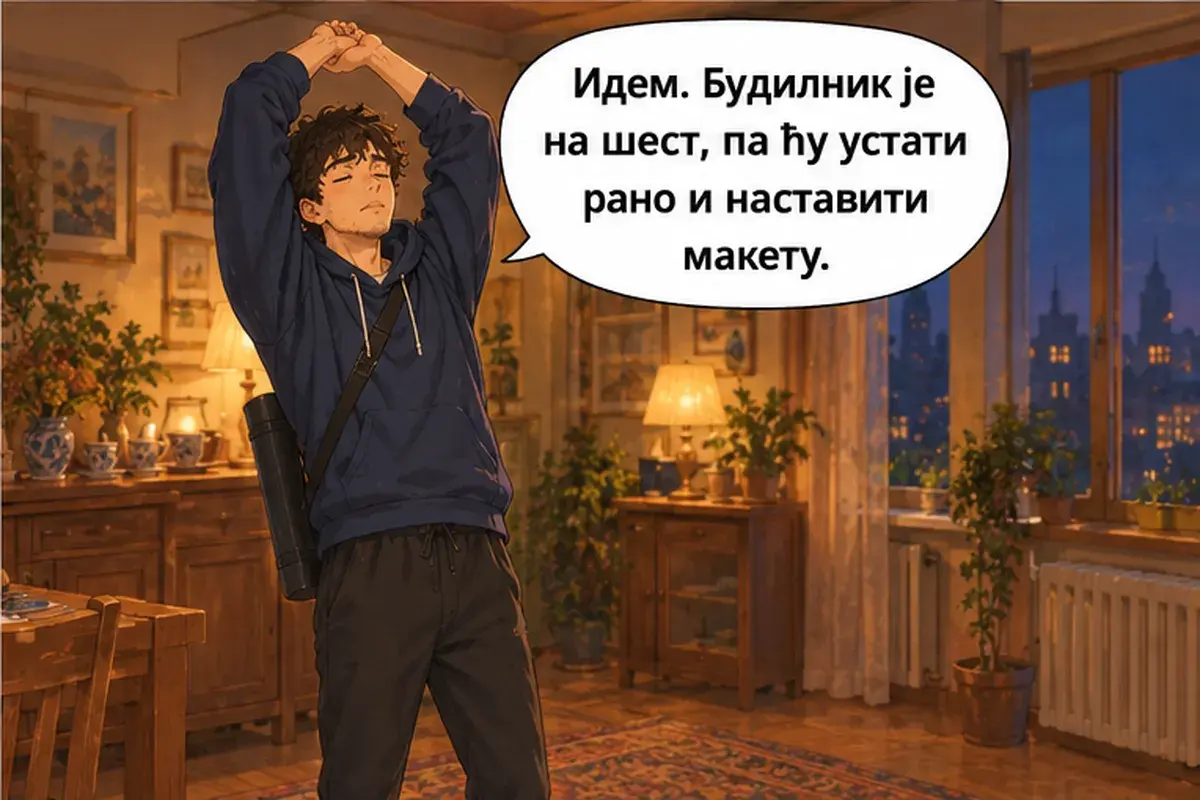 Кадр 12 из 14 к тексту «Расслабься и держись»: «Иду. Будильник на шесть, так что встану рано и продолжу макет.»