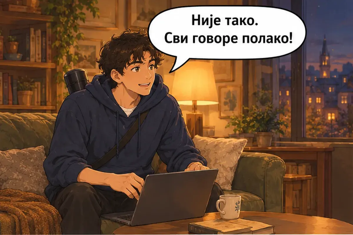 Кадр 9 из 13 к тексту «Да ладно, это скучно!»: «Совсем нет. Все говорят медленно!»