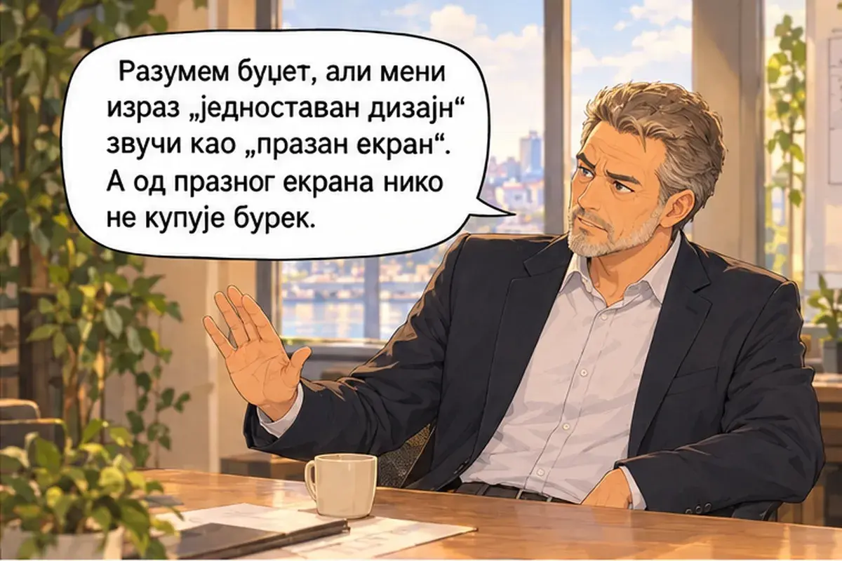 Кадр 6 из 15 к тексту «Покупатель хочет заказать бурек в три шага»: «Бюджет я понимаю, но мне выражение «простой дизайн» звучит как «пустой экран». А от пустого экрана никто бурек не покупает.»