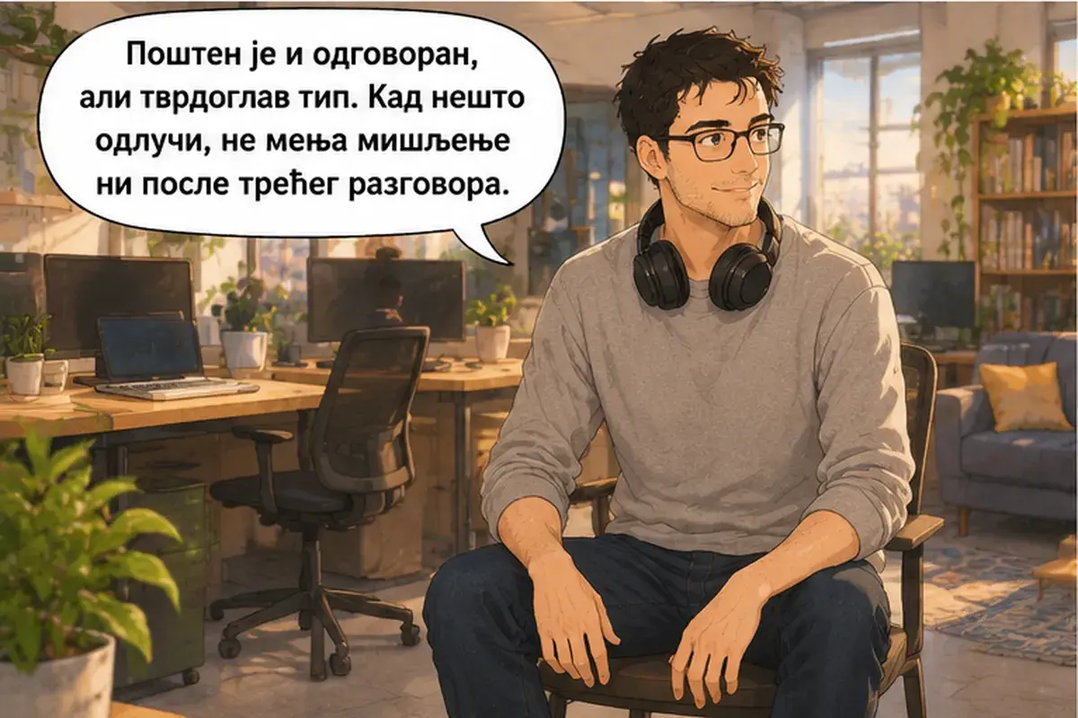 Кадр 7 из 12 к тексту «Тестировщик, с которым ты будешь работать, сидит у окна»: «Он честный и ответственный, но упрямый парень. Если что-то решил, не меняет мнения даже после третьего разговора.»