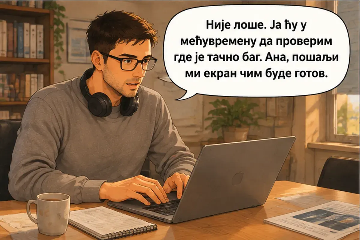 Кадр 11 из 13 к тексту «Я не могу каждый вечер работать до десяти»: «Неплохо. Я тем временем проверю, где именно баг. Аня, пришли мне экран, как только он будет готов.»