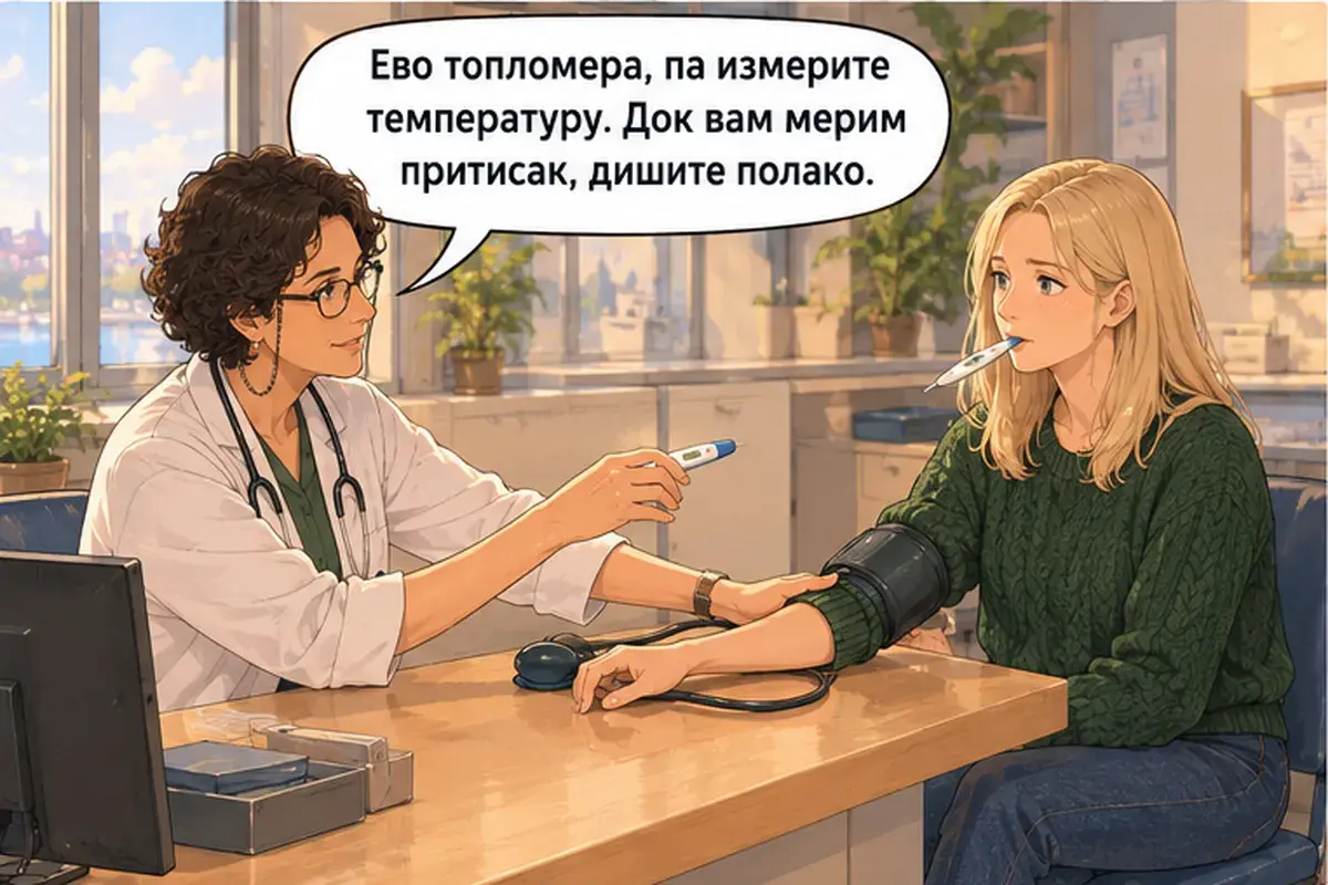 Кадр 11 из 16 к тексту «Скажите, кто ваш выбранный врач»: «Вот градусник, измерьте температуру. Пока я измеряю вам давление, дышите медленно.»
