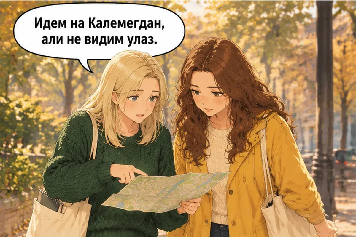 Кадр 3 из 14 к тексту «Идите прямо до светофора»: «Я иду на Калемегдан, но не вижу вход.»