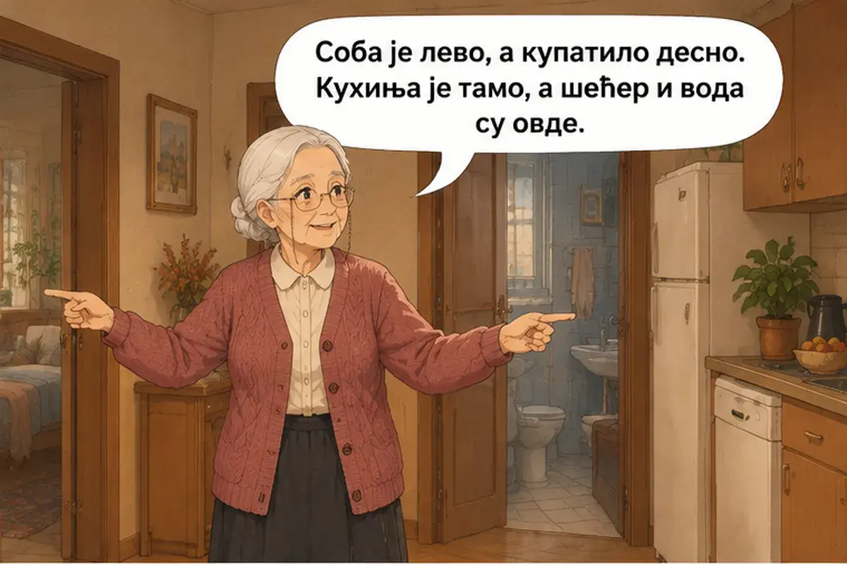 Кадр 6 из 13 к тексту «Проходите, пожалуйста»: «Комната слева, а ванная справа. Кухня вон там, а сахар и вода здесь.»