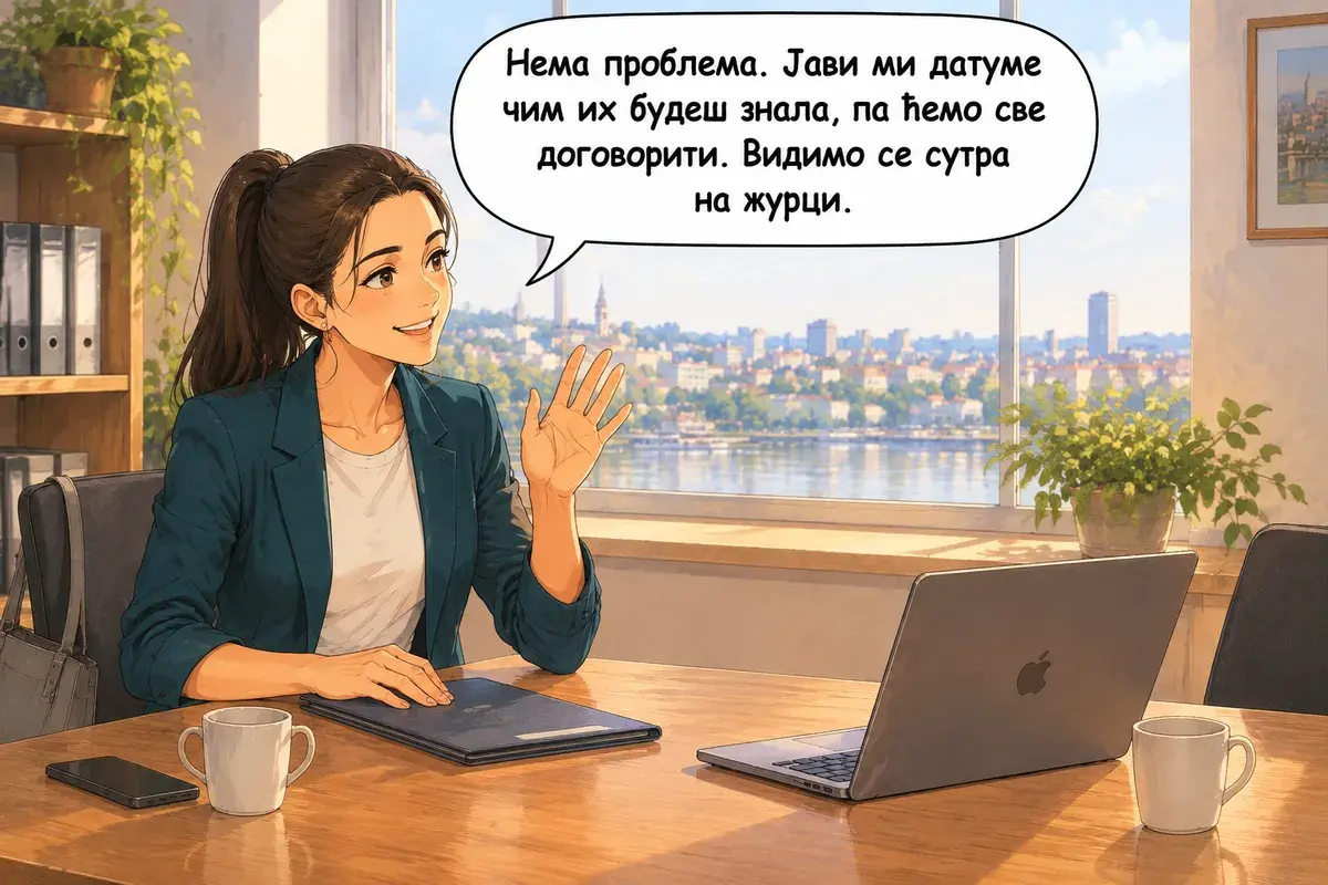 Кадр 15 из 15 к тексту «Когда будешь вести проект»: «Без проблем. Скажи мне даты, как только будешь их знать, и мы обо всём договоримся. Увидимся завтра на празднике.»