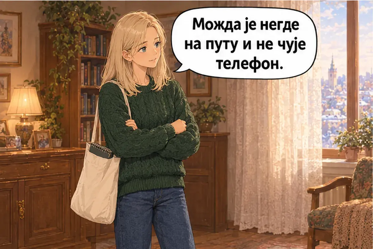 Кадр 7 из 15 к тексту «Никто не отвечает»: «Может быть, он где-то в дороге и не слышит телефон.»