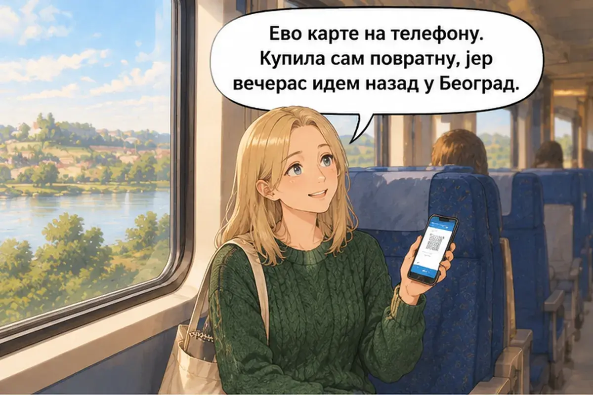 Кадр 2 из 15 к тексту «Когда приеду, где мне тебя ждать?»: «Вот билет в телефоне. Я взяла обратный, потому что сегодня вечером возвращаюсь в Белград.»