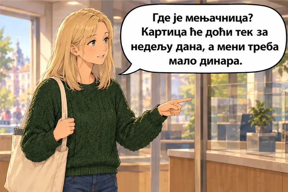 Кадр 12 из 13 к тексту «Я хотела бы открыть счёт.»: «Где обменный пункт? Карта придёт только через неделю, а мне нужно немного динаров.»