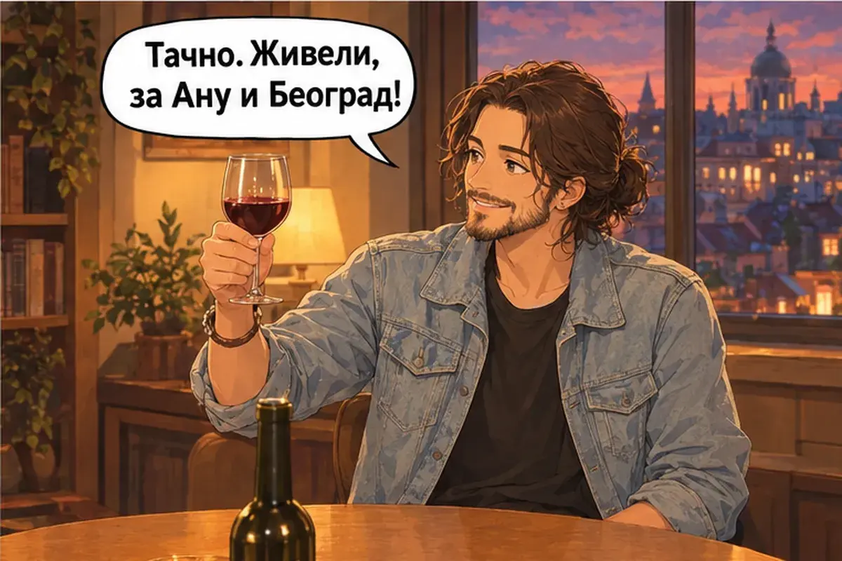 Кадр 8 из 8 к тексту «Когда ты приедешь снова?»: «Точно. Будем здоровы, за Аню и Белград!»