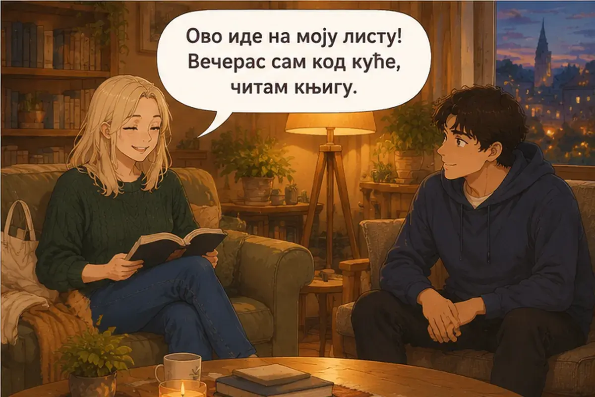 Кадр 4 из 13 к тексту «Да ладно, это скучно!»: «Это идёт в мой список! Сегодня вечером я дома, читаю книгу.»