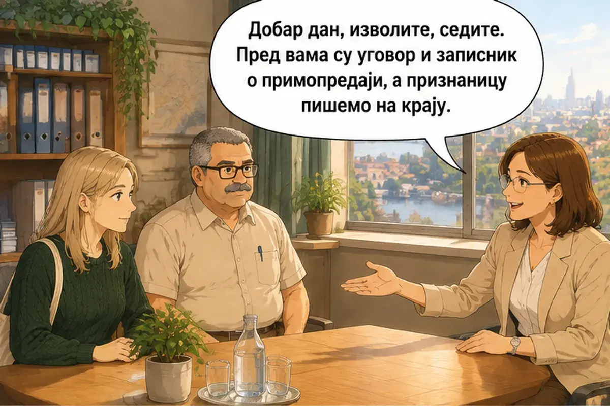 Кадр 1 из 14 к тексту «Будем читать договор пункт за пунктом»: «Добрый день, прошу вас, садитесь. Перед вами договор и акт приёма-передачи, а расписку мы напишем в конце.»