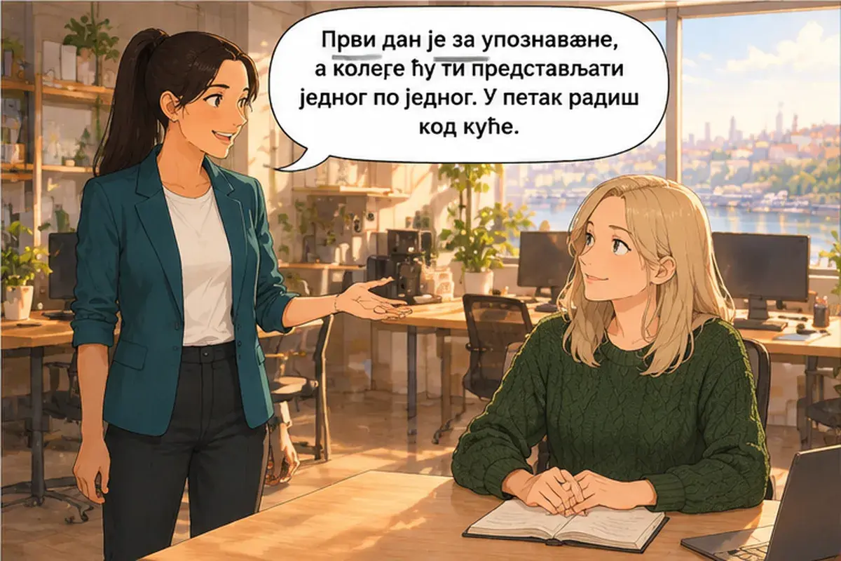 Кадр 12 из 16 к тексту «Пусть Душан покажет вам систему»: «Первый день — для знакомства, а коллег я буду представлять тебе по одному. В пятницу ты работаешь дома.»