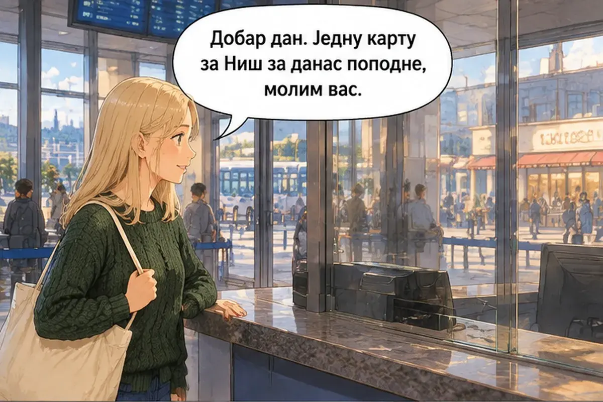 Кадр 1 из 16 к тексту «Один билет до Ниша на сегодня после обеда»: «Добрый день. Один билет до Ниша на сегодня после обеда, пожалуйста.»
