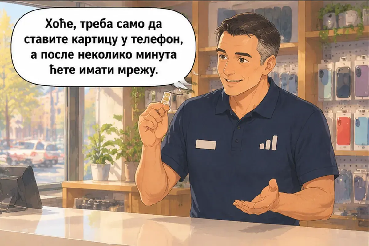 Кадр 11 из 15 к тексту «Мне нужен сербский номер.»: «Будет, нужно только вставить карту в телефон, а через несколько минут у вас появится сеть.»