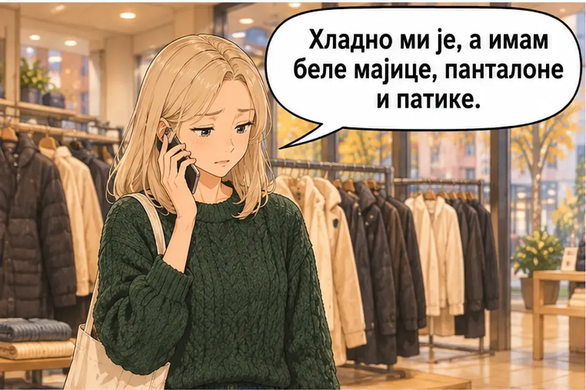 Кадр 2 из 11 к тексту «Синяя или чёрная?»: «Мне холодно, а у меня белые футболки, брюки и кроссовки.»
