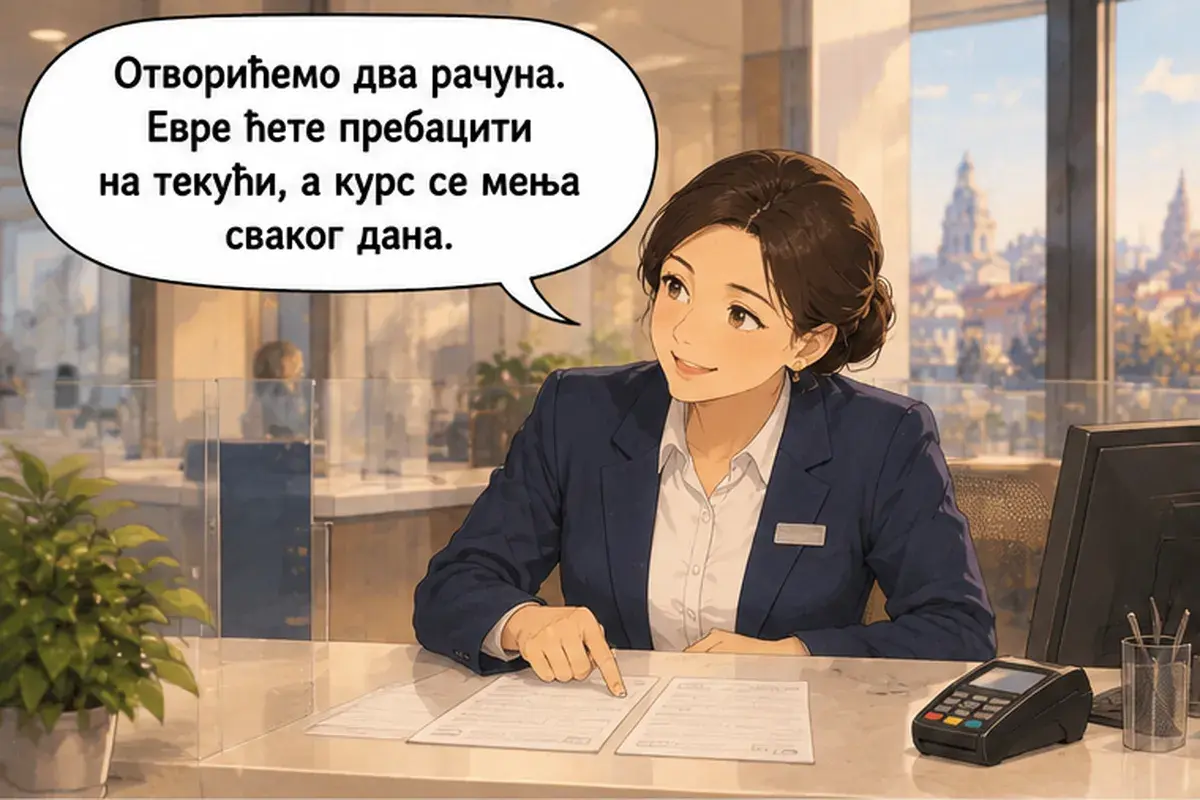 Кадр 9 из 13 к тексту «Я хотела бы открыть счёт.»: «Откроем два счёта. Евро вы переведёте на текущий, а курс меняется каждый день.»