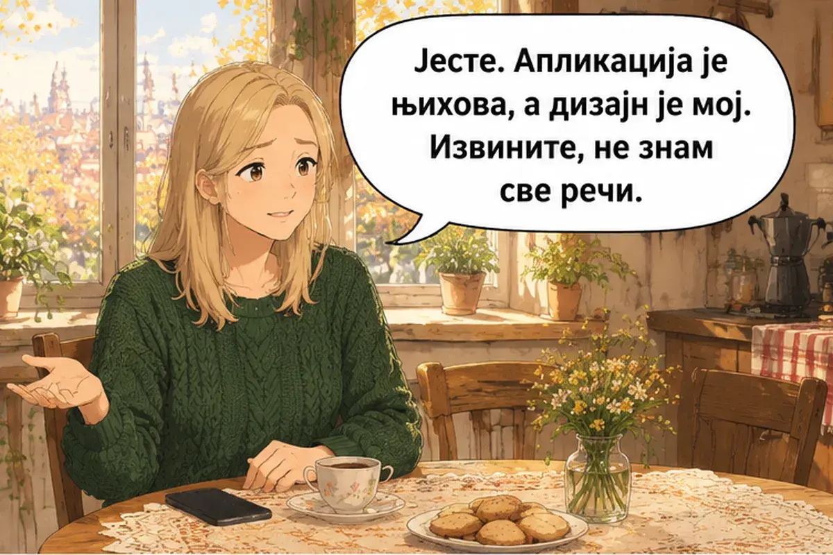 Кадр 6 из 12 к тексту «Аня, а чем вы занимаетесь?»: «Да. Приложение их, а дизайн мой. Извините, я знаю не все слова.»