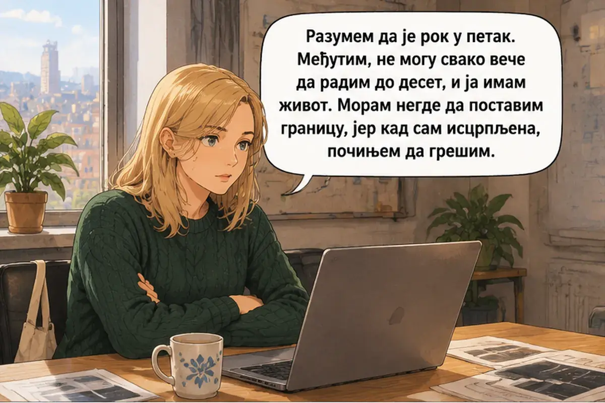 Кадр 5 из 13 к тексту «Я не могу каждый вечер работать до десяти»: «Я понимаю, что срок в пятницу. Однако я не могу каждый вечер работать до десяти, у меня тоже есть жизнь. Мне нужно где-то поставить границу, потому…