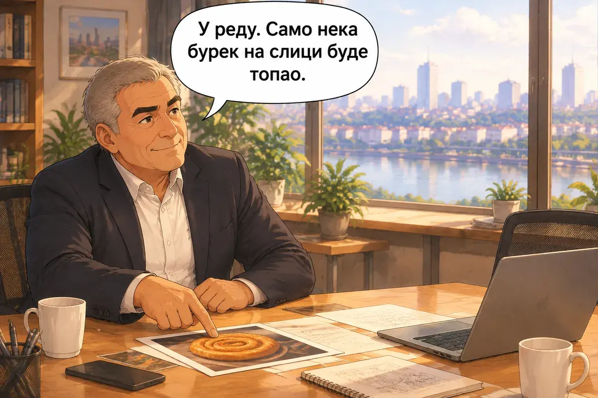 Кадр 15 из 15 к тексту «Покупатель хочет заказать бурек в три шага»: «Хорошо. Только пусть бурек на картинке будет горячим.»