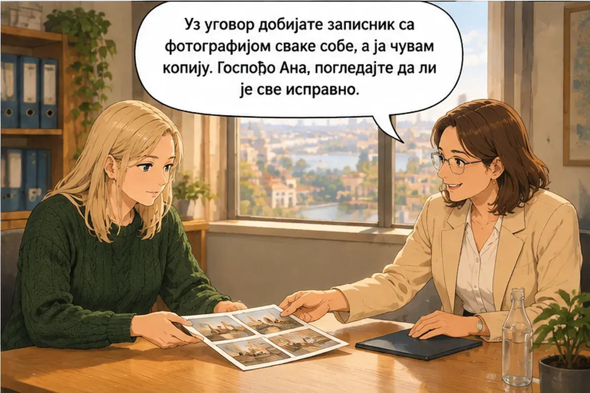 Кадр 8 из 14 к тексту «Будем читать договор пункт за пунктом»: «К договору вы получаете акт с фотографией каждой комнаты, а копию храню я. Госпожа Анна, посмотрите, всё ли верно.»