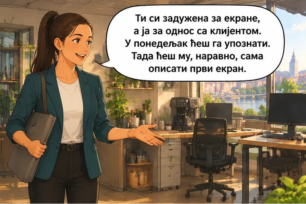 Кадр 9 из 12 к тексту «Тестировщик, с которым ты будешь работать, сидит у окна»: «Ты отвечаешь за экраны, а я за отношения с клиентом. В понедельник ты с ним познакомишься. Тогда ты, конечно, сама опишешь ему первый…