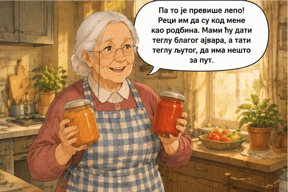 Кадр 7 из 13 к тексту «Скажи маме, что у неё дочь с добрым сердцем»: «Ну это слишком мило! Скажи им, что у меня они как родня. Маме я дам банку мягкого айвара, а папе банку острого, чтобы было что взять в дорогу.»