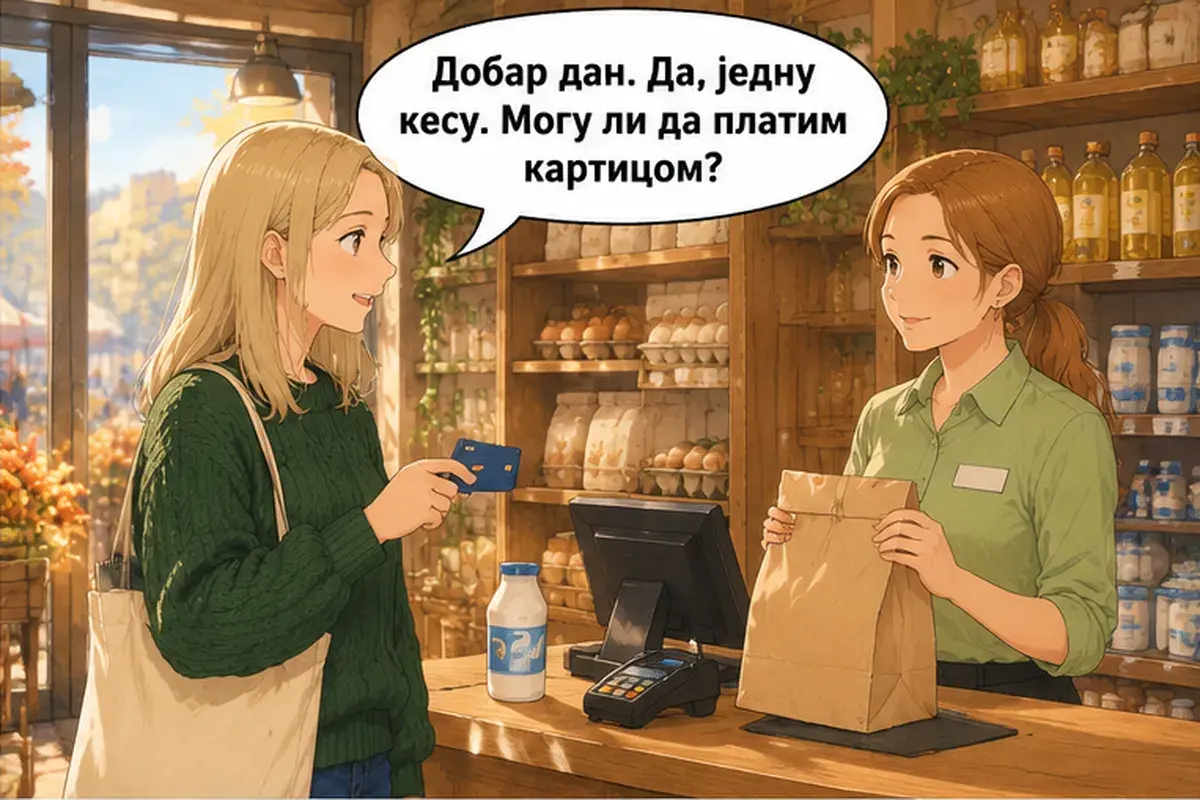 Кадр 10 из 14 к тексту «Подскажите, где касса?»: «Добрый день. Да, один пакет. Можно заплатить картой?»