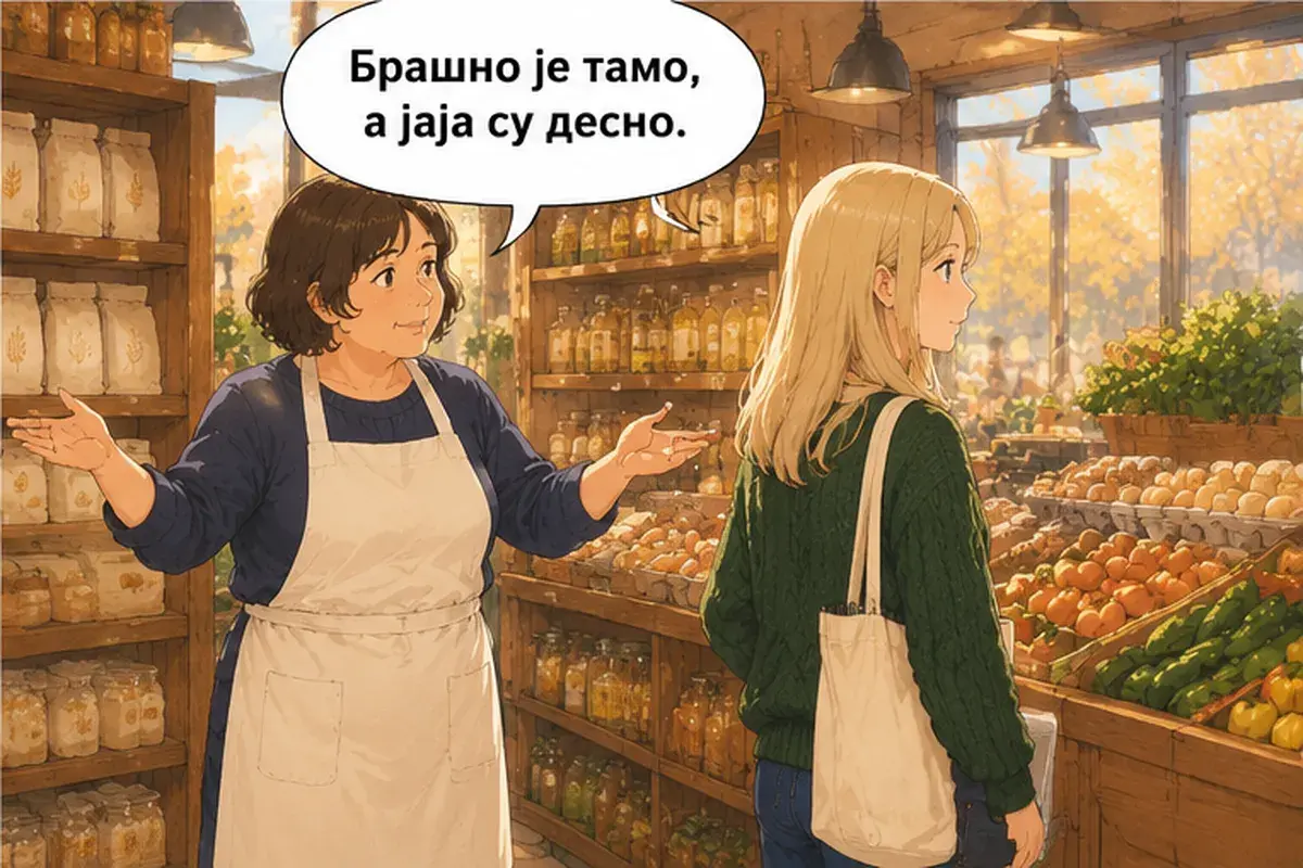 Кадр 4 из 14 к тексту «Подскажите, где касса?»: «Мука вон там, а яйца справа.»