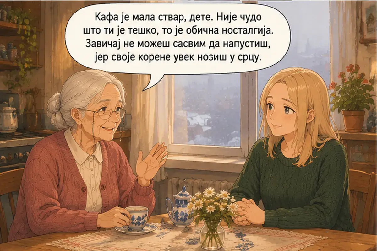 Кадр 7 из 13 к тексту «Неудивительно, что тебе тяжело»: «Кофе — мелочь, деточка. Неудивительно, что тебе тяжело, это обычная тоска по дому. Родные края до конца не покинешь, потому что свой корень всегда носишь в…