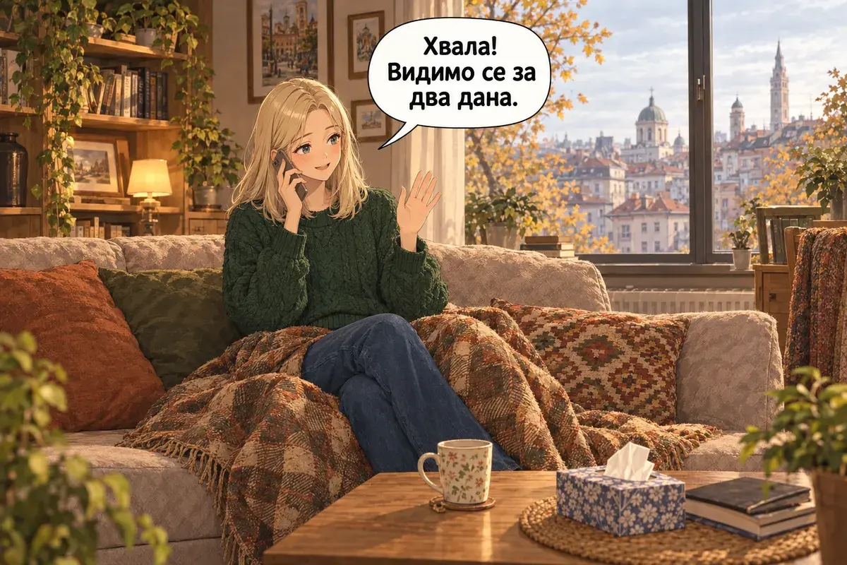 Кадр 9 из 9 к тексту «Сегодня я не смогу прийти»: «Спасибо! Увидимся через два дня.»