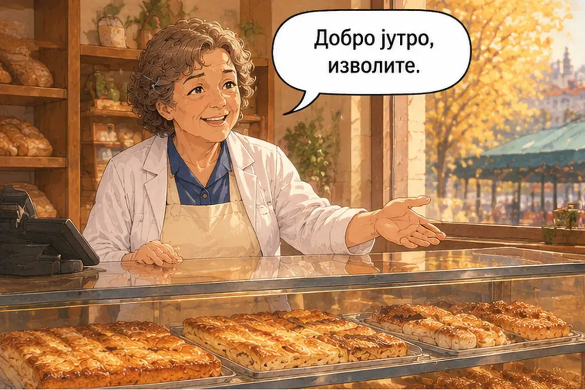 Кадр 1 из 14 к тексту «Здесь или с собой?»: «Доброе утро, пожалуйста.»