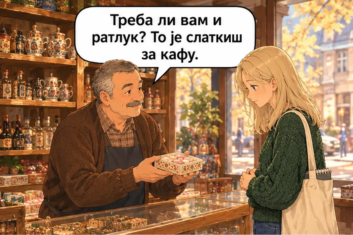 Кадр 9 из 14 к тексту «Я ищу подарки для семьи»: «Вам нужен и рахат-лукум? Это сладость к кофе.»
