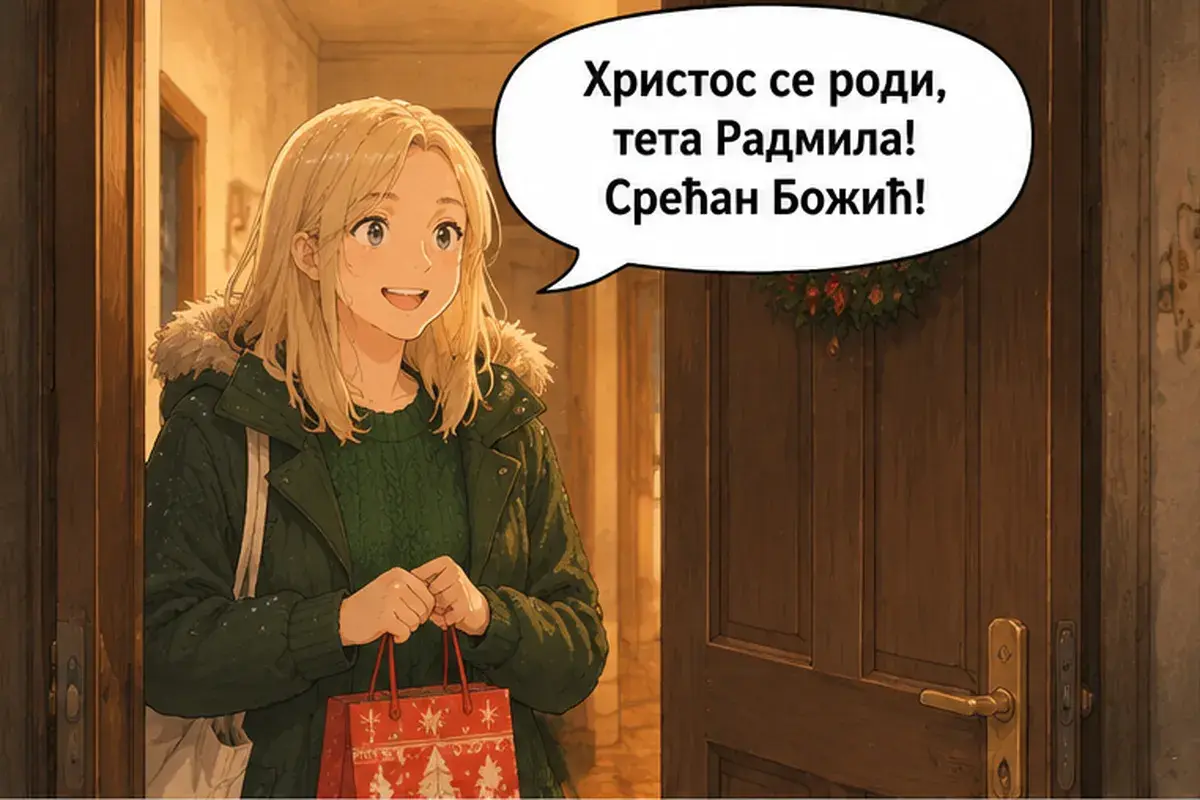 Кадр 1 из 14 к тексту «Почему Рождество седьмого января?»: «Христос родился, тётя Радмила! С Рождеством!»