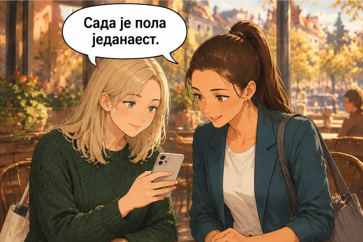 Кадр 12 из 14 к тексту «Когда ты начинаешь работать?»: «Сейчас половина одиннадцатого.»