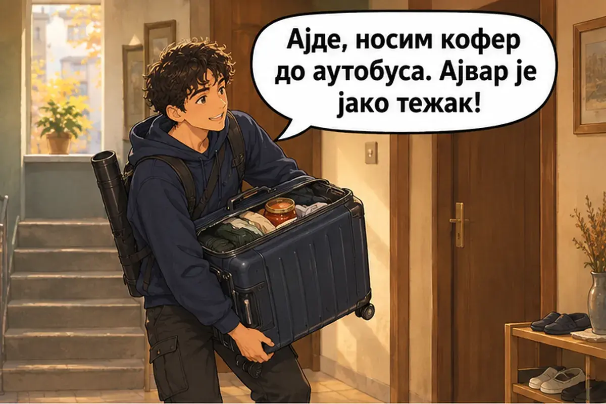 Кадр 9 из 14 к тексту «Счастливого пути! Приезжайте ещё!»: «Давай, я понесу чемодан до автобуса. Айвар очень тяжёлый!»