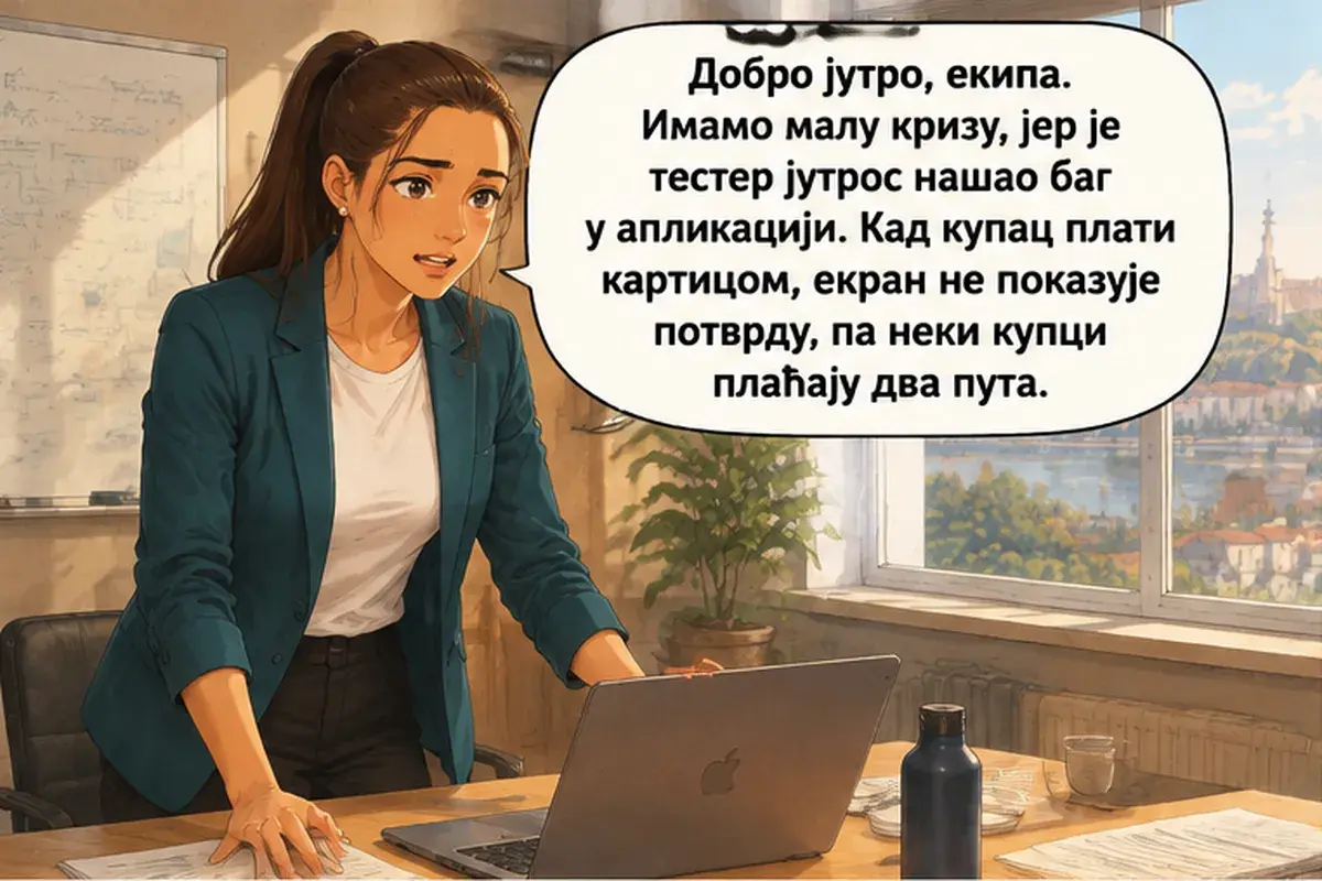Кадр 1 из 13 к тексту «Я не могу каждый вечер работать до десяти»: «Доброе утро, команда. У нас небольшой кризис, потому что тестировщик сегодня утром нашёл баг в приложении. Когда покупатель платит картой, экран не…