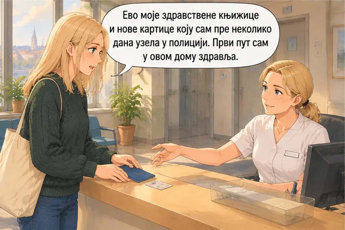 Кадр 3 из 16 к тексту «Скажите, кто ваш выбранный врач»: «Вот моя медицинская книжка и новая карточка, которую я несколько дней назад забрала в полиции. Я в этом доме здоровья впервые.»