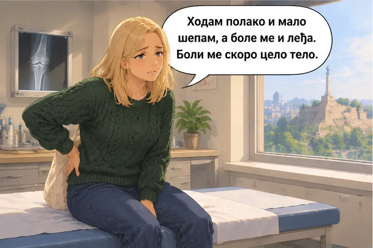 Кадр 7 из 16 к тексту «Я поскользнулась на льду»: «Хожу медленно и немного хромаю, а ещё болит спина. Болит почти всё тело.»