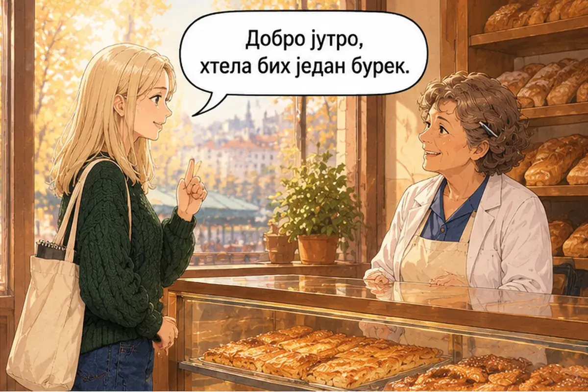 Кадр 2 из 14 к тексту «Здесь или с собой?»: «Доброе утро, я бы хотела один бурек.»
